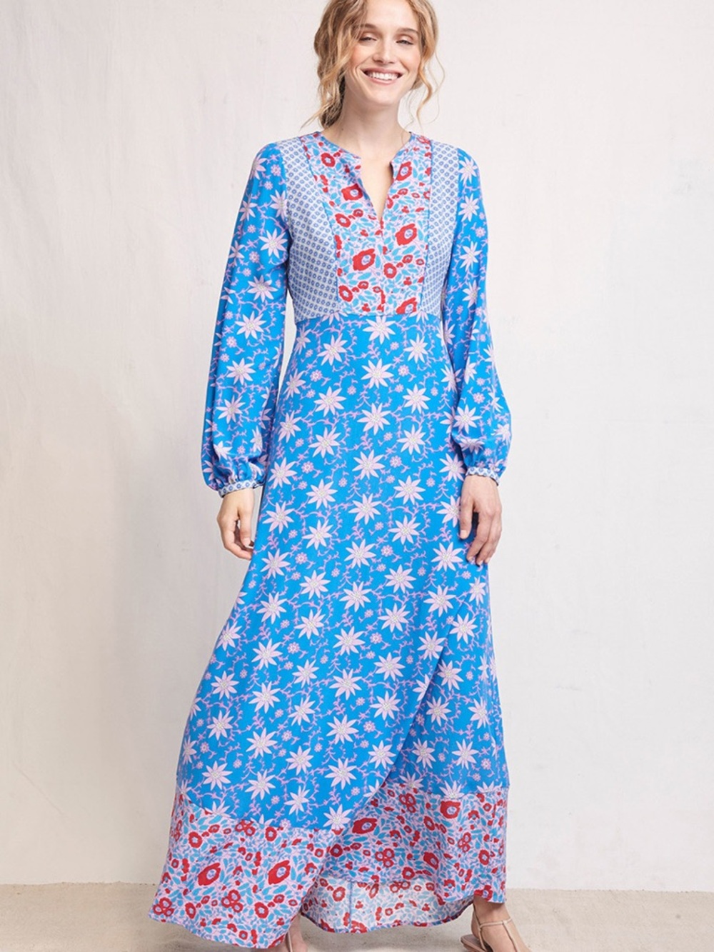 Warm NY Floral Print Silk Tie Back Long Sleeve Maxi Dress Size 0/XS